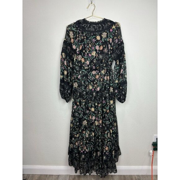 Free People Cassis Printed Chiffon Midi Dress Flowy Ruffles Floral Black Small - Picture 11 of 12